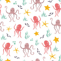 Seamless pattern with cute octopuses and starfishes. Vector illustration.