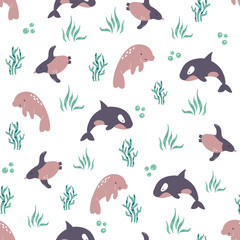 Seamless pattern with cute animals orca, penguin and manatee. Vector illustration.