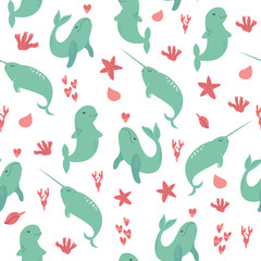Seamless pattern with cute sea animals. Vector illustration