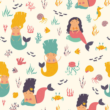 Seamless pattern with cute mermaids. Vector illustration