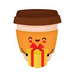 Cute happy coffee cup character with gift box