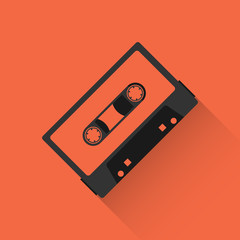 Audio cassette, audio cassette icon on red background with shadow. Vector illustration.