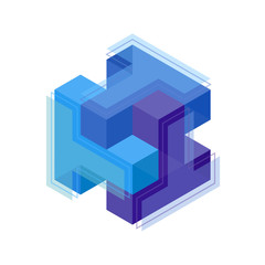 T letter logo symbol. Cubes lined up in space. Rows forming a line. Guessing the isometric shape. Hexagonal riddle.