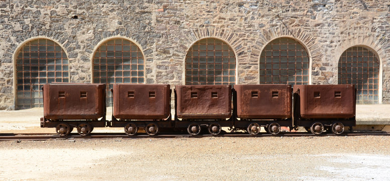 mining trolleys at montevecchio mine, sardinia, italy