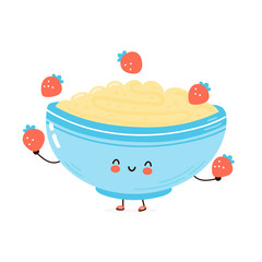 Cute bowl of oatmeal porridge juggle strawberry