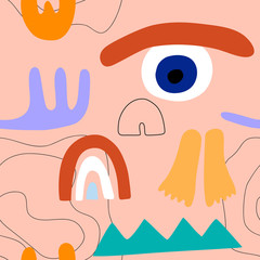 Сute seamless pattern hand drawn shapes. Different doodle elements and objects. Abstract contemporary colorful various leg, rainbow, eye other. Modern cartoon vector illustration isolated on pink