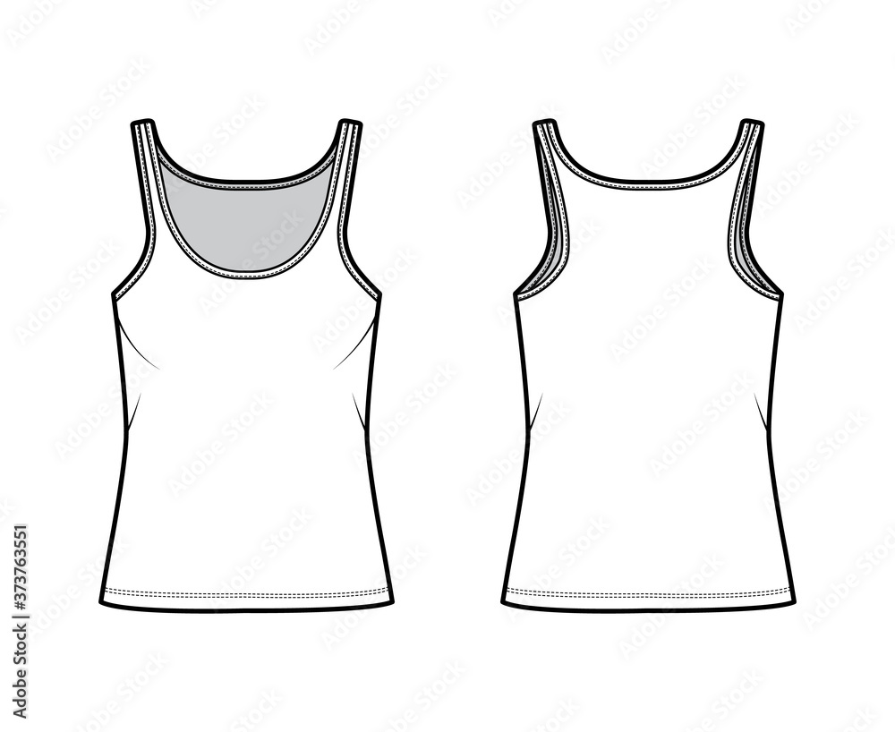 Wall mural Cotton-jersey tank technical fashion illustration with scoop neck, relaxed fit, tunic length. Flat outwear basic camisole apparel template front back white color. Women men unisex shirt top CAD mockup - Wall murals