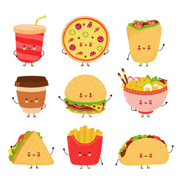 Cute happy fast food characters set