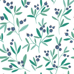 Hand drawn seamless pattern with blueberry branches and leaves on a white background. Perfect for home textile and wallpaper