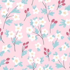Hand drawn botanical pattern with cherry blossom branches and red berries on a pink backfround. White flowers, romantic ornament for textile and wallpaper.