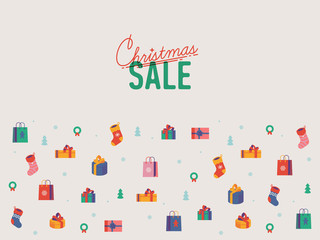Beautiful vector minimalistic Christmas sale, winter festive season allowance offer or Black Friday clean flat design background, poster or banner template with gift boxes, bags and stockings