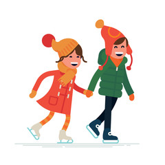 Cool vector winter sport for kids illustration. Boy and girl ice skating. Siblings enjoying winter holiday season together