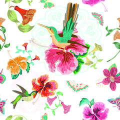 Blue Green hummingbird and hibiscus trumpet flower butterflies Vector Repeat Pattern