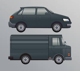 black van and car vehicle transport mockup