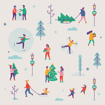 Beautiful vector winter season pattern featuring Christmas holidays outdoor activities. Abstract people making snowman, carrying xmas trees on sleigh, carrying gift boxes, ice skating, playing, etc.