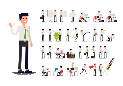 Large Set Of Vector Flat Character Design On Businessman Working And Presenting Process Gestures, Actions And Poses. Office Worker In Tie And White Shirt. Ideal For Business Or Financial Infographics