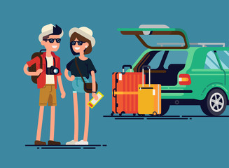 Young travelers couple ready for road trip standing next to their car with open trunk and luggage suitcases. Quality flat vector illustration on travel by car