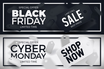Set of Black Friday and Cyber Monday promotional banner templates. Vector Winter holiday season marketing sale campaign visuals with realistic volumetric flying price tags
