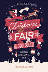 Beautiful vector Christmas Fair poster or banner template with Santa Claus on sleigh and other traditional winter holiday season decorations