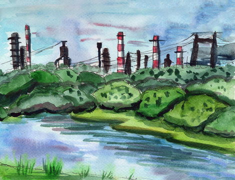 Hand drawn watercolor urban sketch. Forest or park. Bank of river. Green trees. Blue and red sun set sky. Factory pipes. Industrial city. Environmental problem. Ecology issue. Post cards and posters