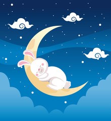 mid autumn celebration card with rabbit sleeping in crescent moon scene