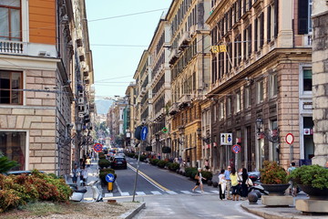 View of old buildings and street in Genoa, region of Liguria, Italy