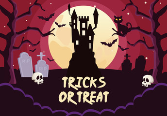 halloween tricks or treat lettering with castle in cemetery