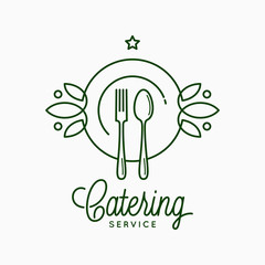 Catering linear logo with plate and fork on white