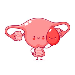 Cute funny woman uterus organ with blood drop.