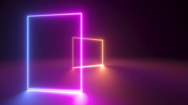 seamless animation, rotating neon square frames, looped abstract neon geometric background, spinning glowing pink yellow violet lines, endless rotation, flight around, fluorescent ultraviolet light