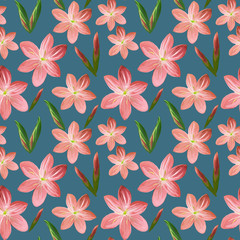 Fototapeta na wymiar Floral seamless pattern made of flowers Acrilic painting with pink flower buds on turquoise background. Botanical illustration for fabric and textile, packaging, wallpaper.