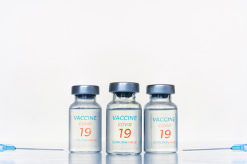 Transparent vials, syringes with new vaccine for covid-19 coronavirus, flu, infectious diseases. Injection after clinical trials for vaccination of human, child, adult, senior. Medicine, drug concept