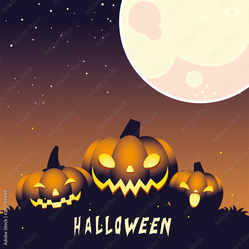 Poster halloween night background with pumpkin and full moon