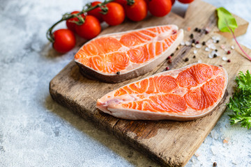 salmon raw red fish steak fillet seafood serving size natural copy space for text keto or paleo...