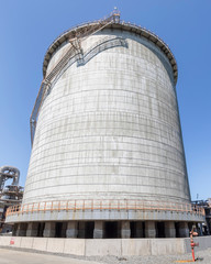 View of the double walled, low temperature ammonia storage tank in the plant.