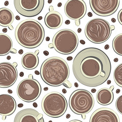 Seamless pattern background with colored cups of coffee drink and beans, top view. Vector illustration. hand drawing style. Decorative background. Various types of drinks and food. Patterns in milk.