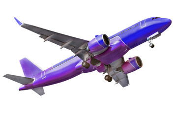 A big blue jet is taking-off on white background, isolated.