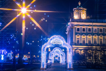 Saint Petersburg in the evening. Russia in winter. Festive lights of Petersburg. Decorations of city streets for Christmas. New year in Petersburg. Luminous arches of garlands. Waiting for the holiday