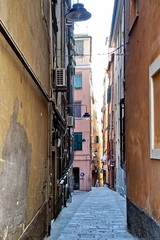 View of old buildings and street in Genoa, region of Liguria, Italy