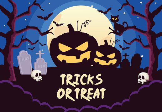 halloween tricks or treat lettering with pumpkins in cemetery night scene