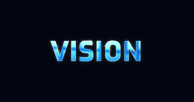 Vision. Blue electric lightning word. Burning text animation on black background. High quality 4k intro