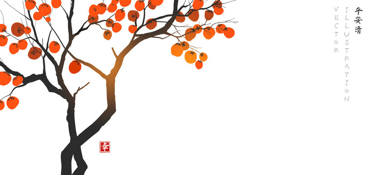 Persimmon tree with big orange fruits on white background. Translation of hieroglyphs - peace, tranquility, clarity, happiness. Vector illustration in japanese style.