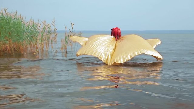 A woman in the form of a demon in a black corset with golden wings walks on the water in a lake with wings fluttering behind her back.