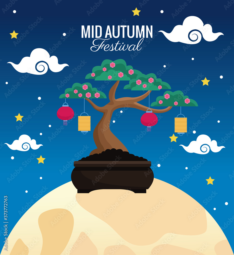 Poster mid autumn celebration card with cute bonsai in full moon scene