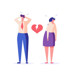 Sad people holding broken heart. Concept of divorce, family crisis and conflict, tired couple. Flat vector illustration in flat design for web banner
