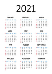 Yearly calendar 2021. Week starts from Sunday. Vector illustration