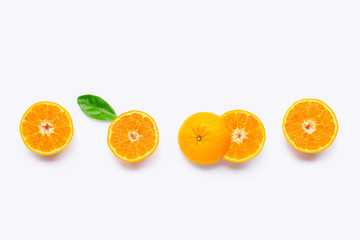 Fresh orange citrus fruit with leaves isolated on white background. Juicy and sweet and renowned for its concentration of vitamin C
