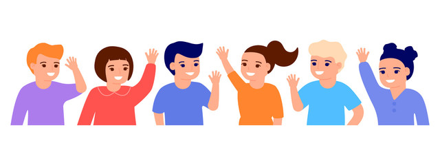 Happy kids waving hands hello. Smiling little children greeting, welcome or goodbye gesture. Young friends, elementary school students, kindergarten pupils boys and girls. Vector flat illustration