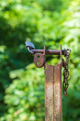 The metal pin on the iron pole is secured with a lock. The photo has a green background.