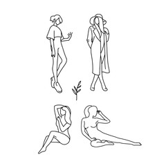 Set of stylized silhouettes of woman body for decor. Trendy linear design. Hand drawn Vector Illustration.